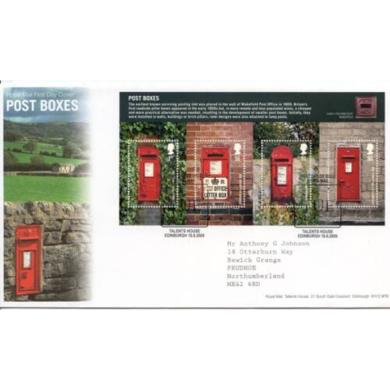 GB 2009 Post Boxes Mini Sheet First Day Cover Cover Tallents House Cancel