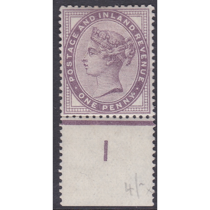 1d Lilac control I perf single with marginal rule MOUNTED MINT