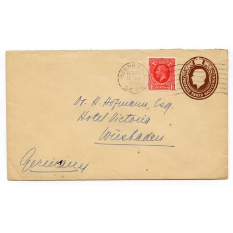 GB 1934 Postal Stationery 1 1 2d Uprated Envelope Herne Hill Germany