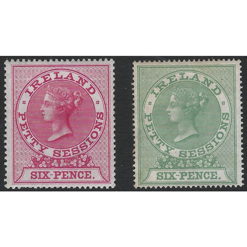 GB IRELAND QV- 6d Carmine-Rose PETTY SESSIONS Revenue Stamps Pair Mint