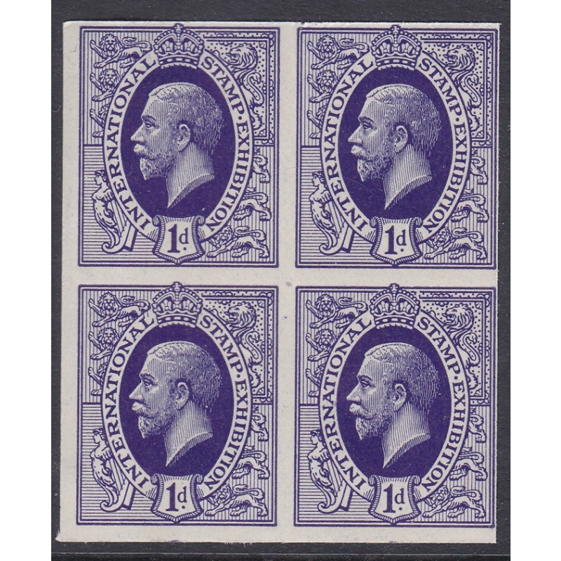 1912 1d George V Purple imperf International Stamp Exhibition Blck of 4 U M