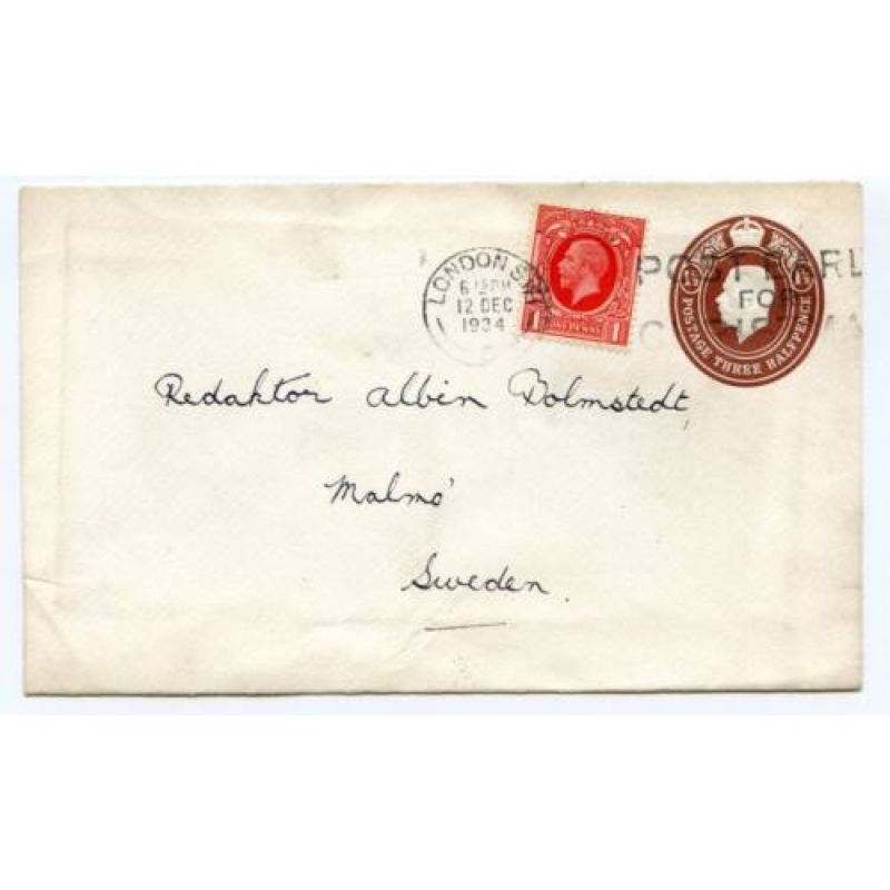 GB 1934 Postal Stationery 1 1 2d Uprated Envelope London Sweden