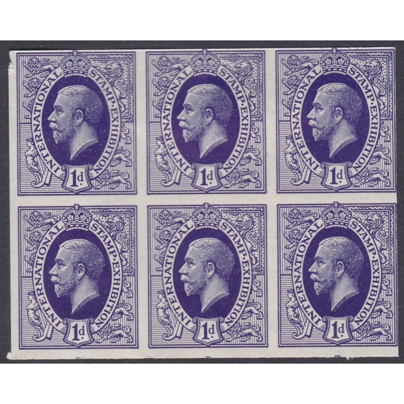 1912 1d George V Purple imperf International Stamp Exhibition Blck of 6 U M