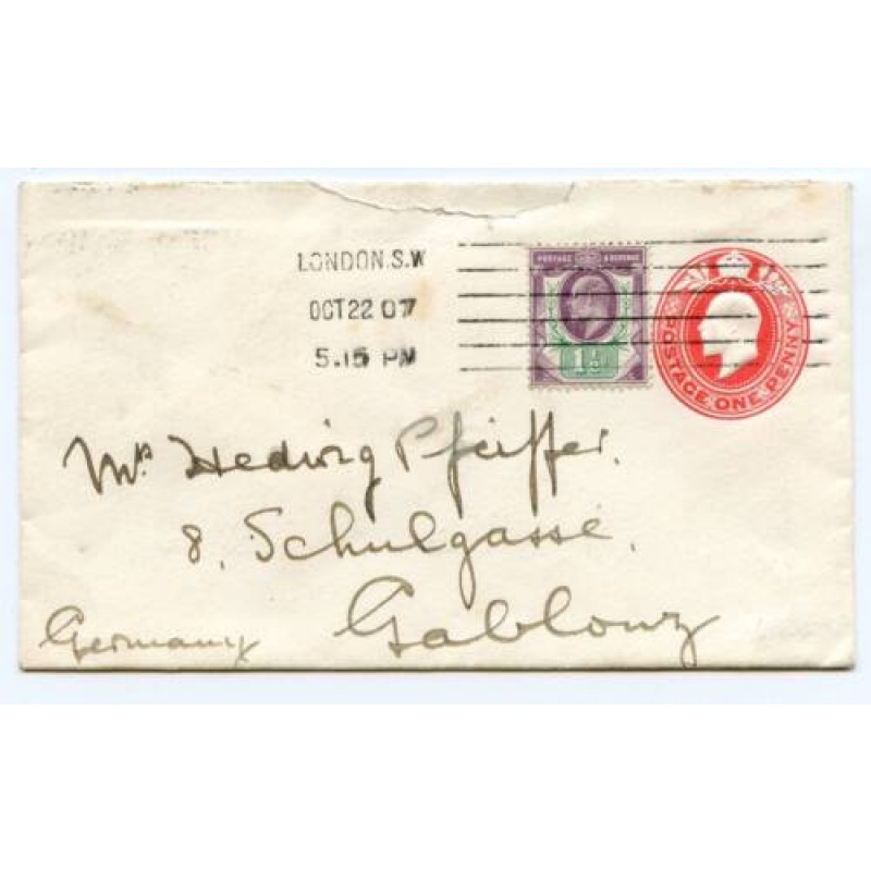 GB 1907 1d Postal Stationery Uprated Envelope London Germany