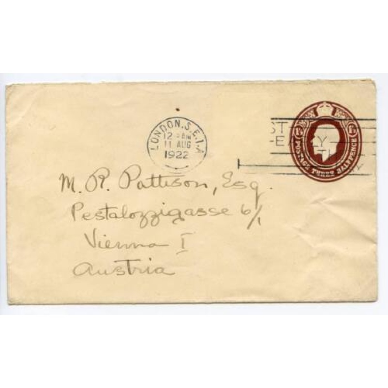 GB 1922 1 1 2d Postal Stationery Envelope Size E From London to Austria