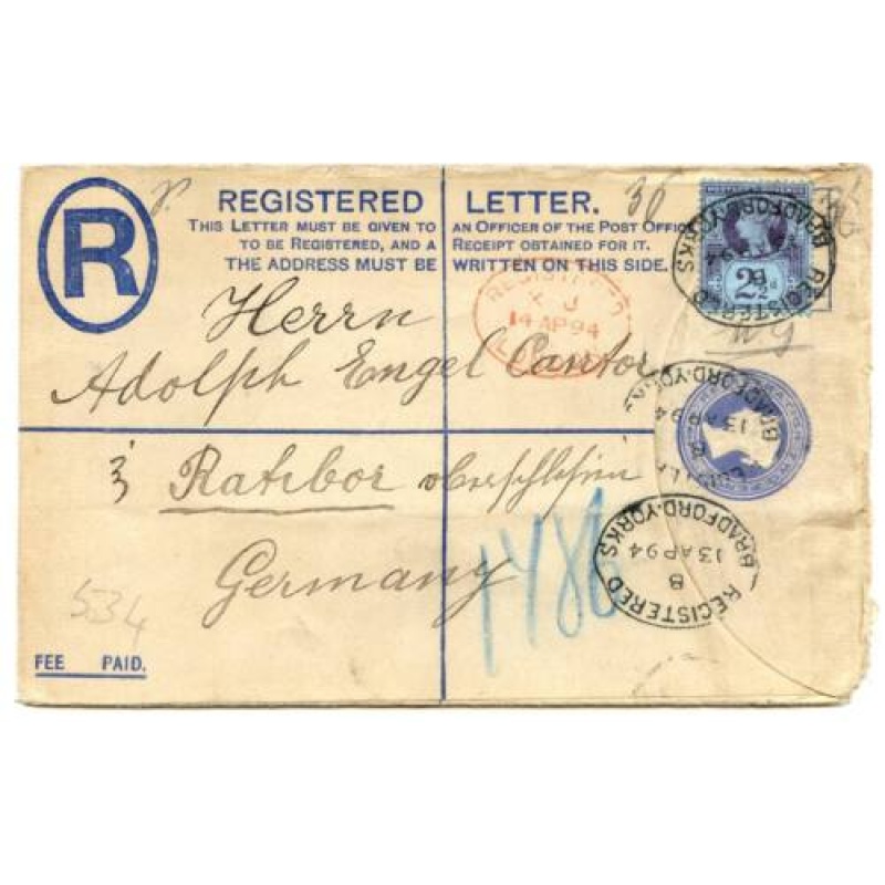 GB QV 1894 2d Uprated Postal Stationery Registered Envelope Bradford Germany