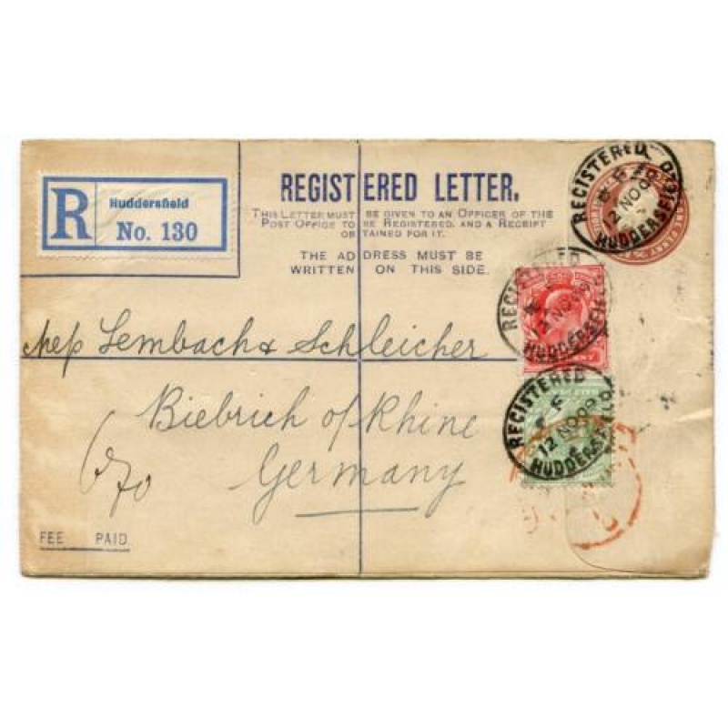 GB KEVII 1d Uprated Postal Stationery Registered Envelope Huddersfield Germany