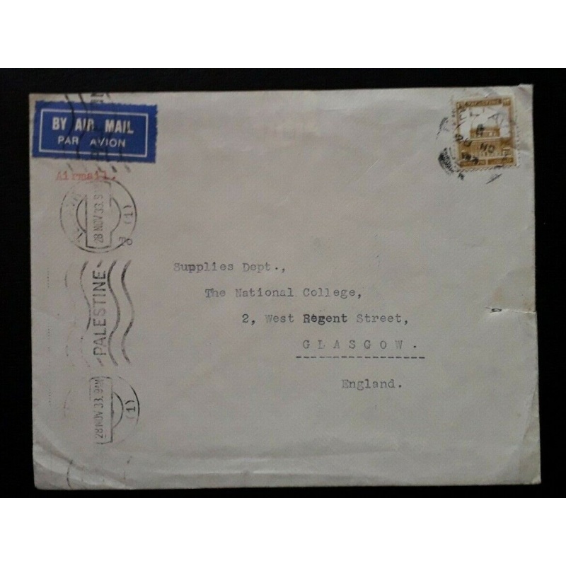 PALESTINE COVER 1933 TEL AVIV AIRMAIL TO UK WITH PALESTINE M1 WAVY LINE POSTMARK