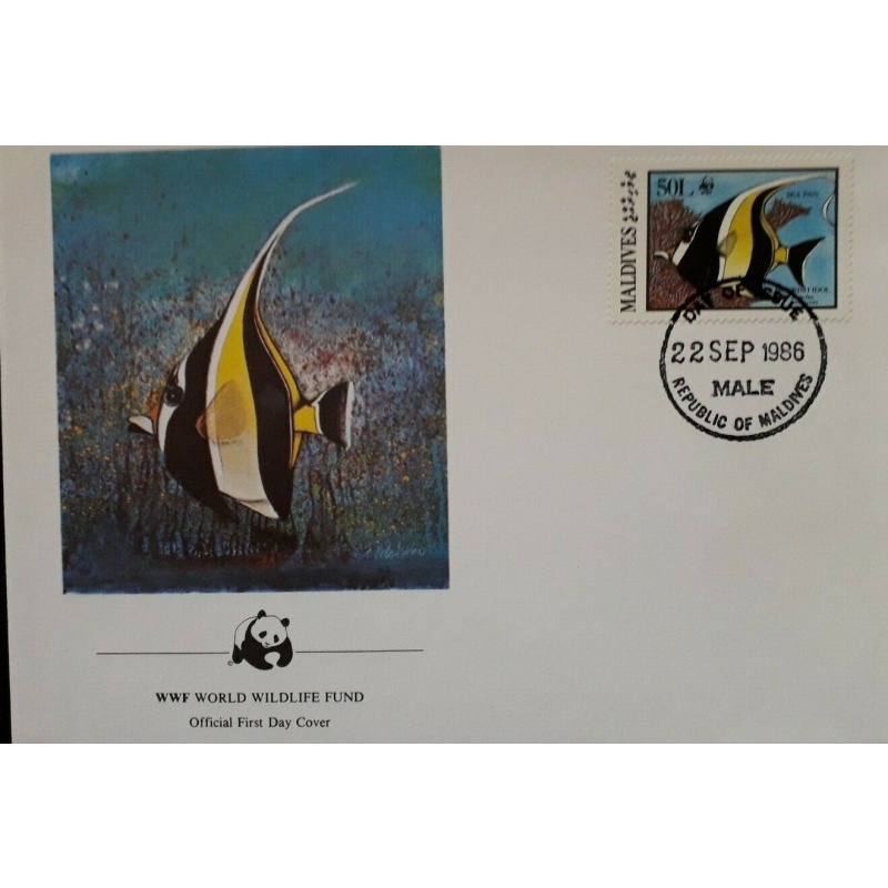 FISH FDC MALDIVES 1986 CORAL REEF FISH ANGELFISH ANEMONE WWF