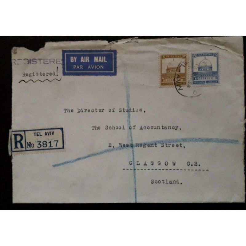 PALESTINE COVER REGISTERED AIRMAIL TEL AVIV TO SCOTLAND 28 MIL RATE