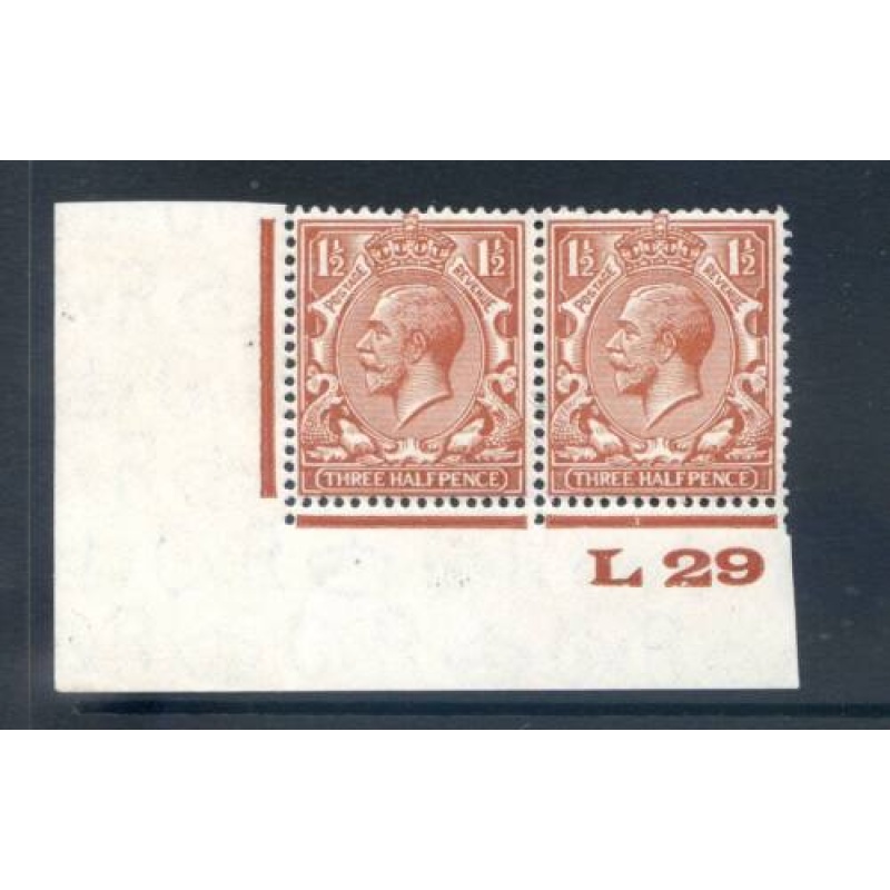 KGV 1 1 2d Red Brown L29(I) Control Pair mounted Mint