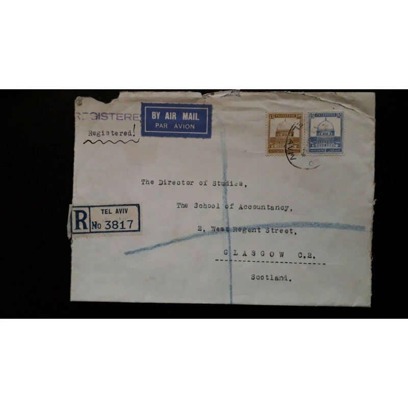 PALESTINE COVER REGISTERED AIRMAIL TEL AVIV TO SCOTLAND 28 MIL RATE