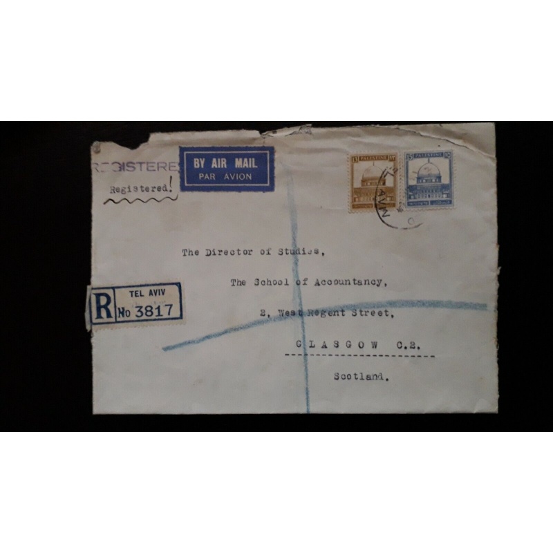 PALESTINE COVER REGISTERED AIRMAIL TEL AVIV TO SCOTLAND 28 MIL RATE