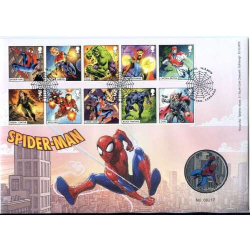 2019 SPIDER-MAN Silver Plated Medal Coin Cover Royal Mint MARVEL Comics