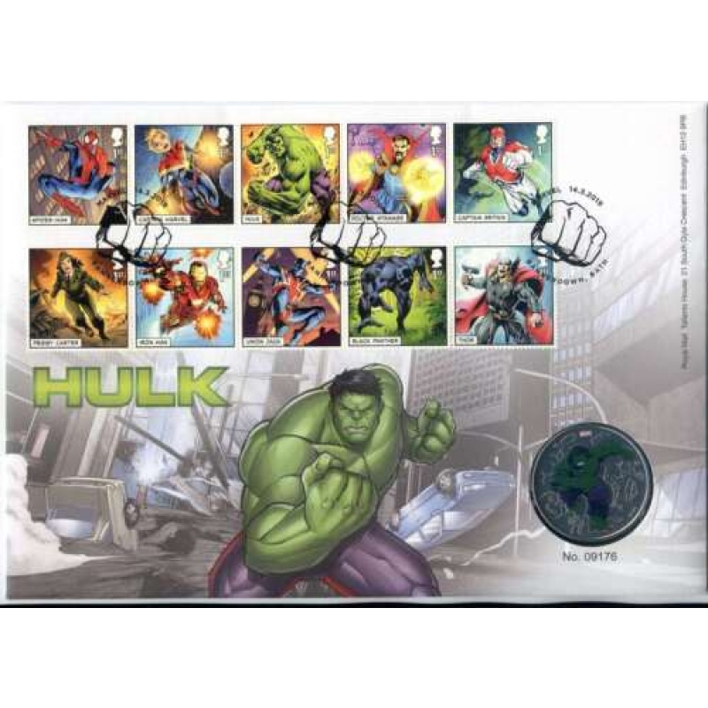 2019 Hulk Silver Plated Medal Coin Cover Royal Mint MARVEL Comics