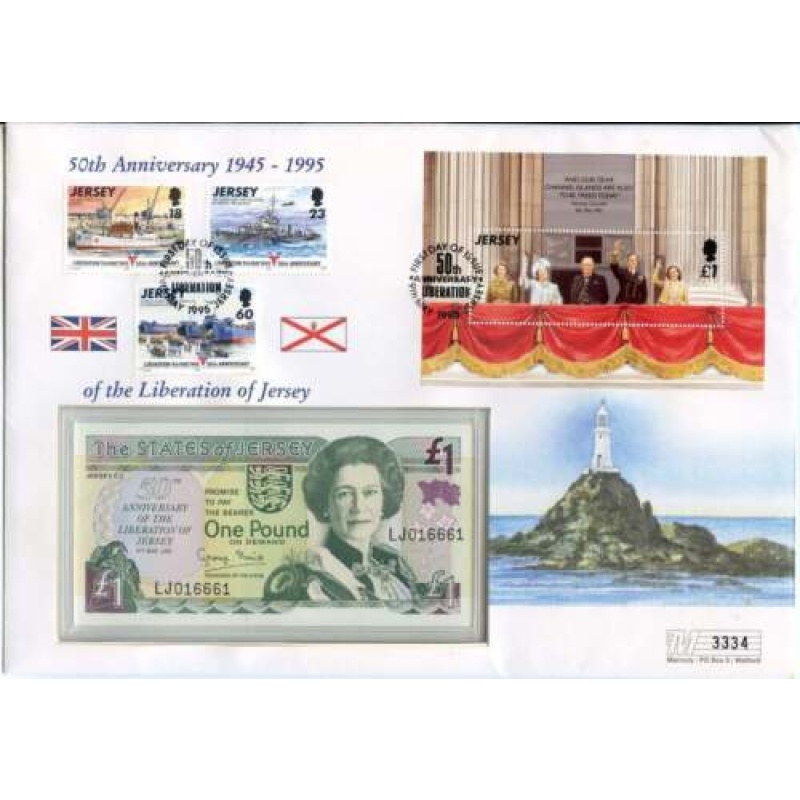 Jersey 1995 One Pound Note on 50th Anniversary Cover