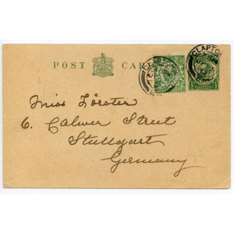 GB 1912 Downey Postal Stationery Postcard. From Clapton to Germany Uprated