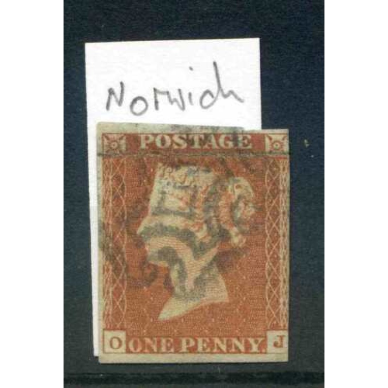 QV 1841 1d Red (OJ) Plate 21 Black MX Cancel of Norwich