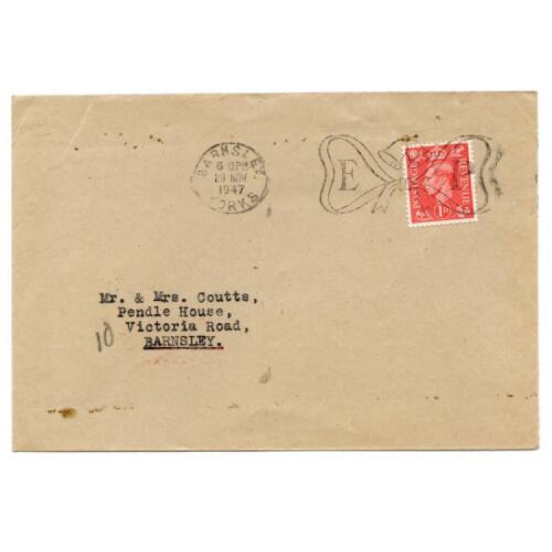 GB 1947 Cover Used Locally in Barnsley 1d Light Colour KGVI Wedding Slogan