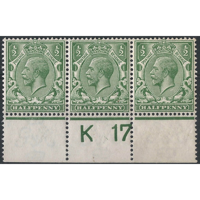 GB - KGV - Sg351 d Green K 17 Perf Control Block x 3 MM  MNH