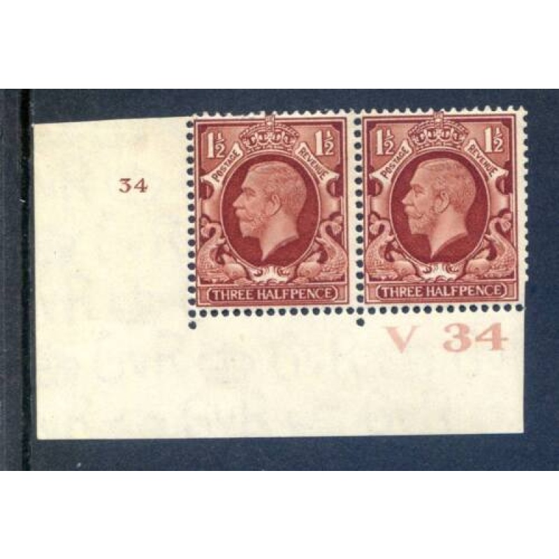 KGV 1 1 2d Red Brown SG441 Cylinder 34 No Dot V34 mounted Mint Pair