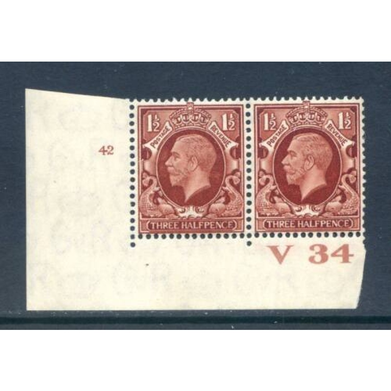 GB 1 1 2d Red Brown Photogravure SG441 V34 Cyl 42 No Dot Pair mounted Mint