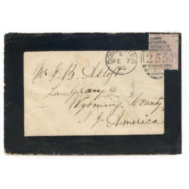 GB 1880 Mourning Cover Doncaster USA. Tied with SG141 Plate 16 New York