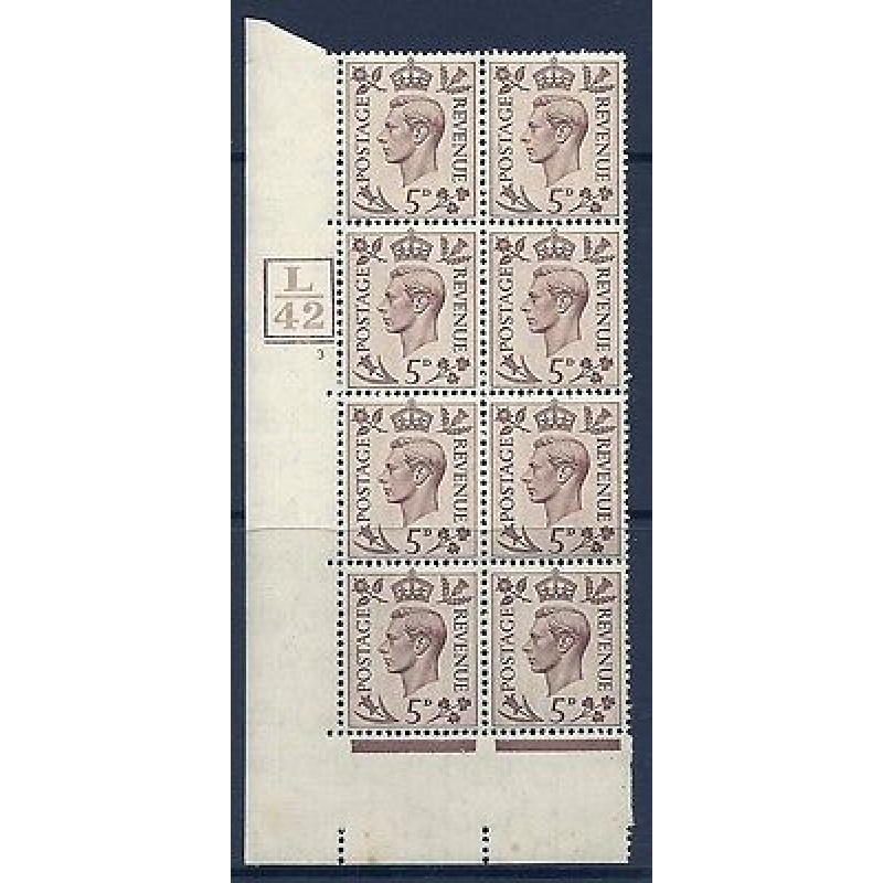 1938 5d Brown L42 5Bars cyl 3 No Dot perf 5(E I) block 8 UNMOUNTED MINT