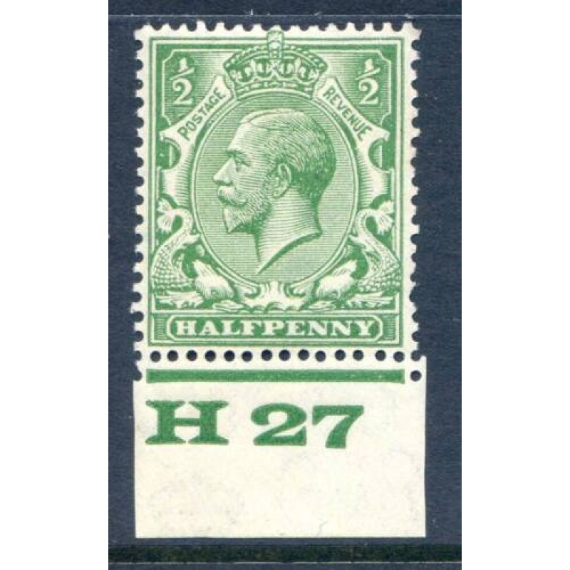 KGV 1 2d Green H27 Control Single Mounted Mint