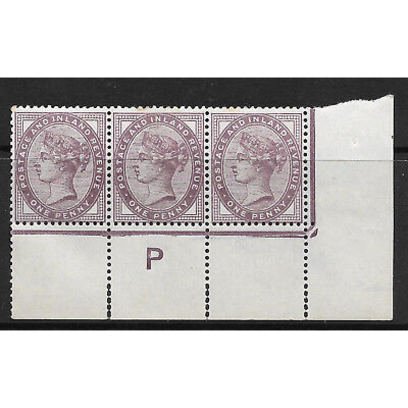 Sg 172 1d Lilac control P strip of 3 perf Broken Rule MOUNTED MINT