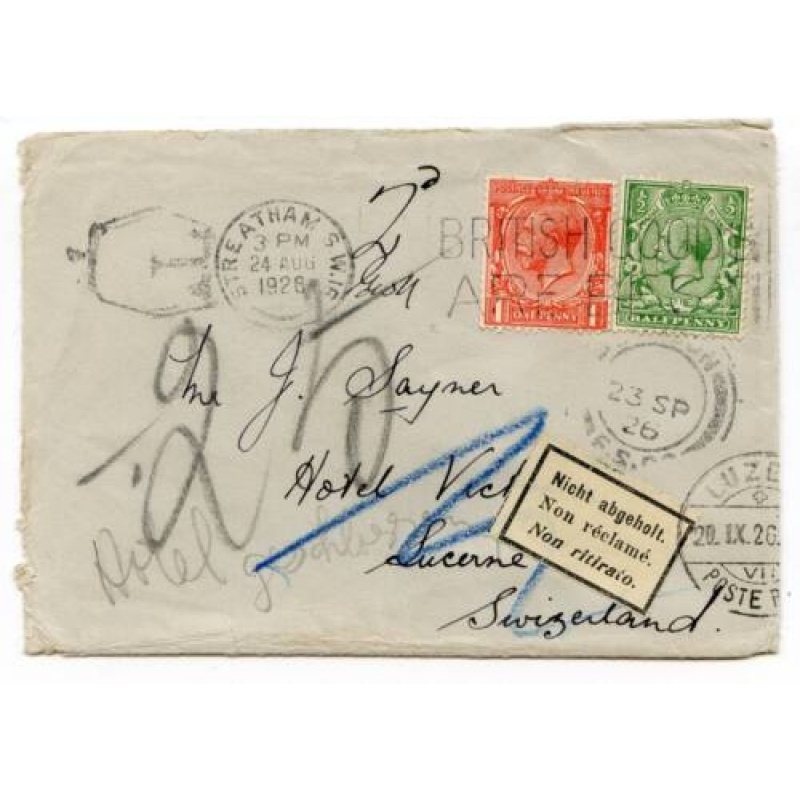 GB KGV 1926 Underpaid Cover Streatham to Switzerland