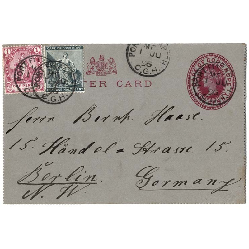 Cape of Good Hope 1896 1d letter card uprated ½d, 1d Hope fine used to Berlin,