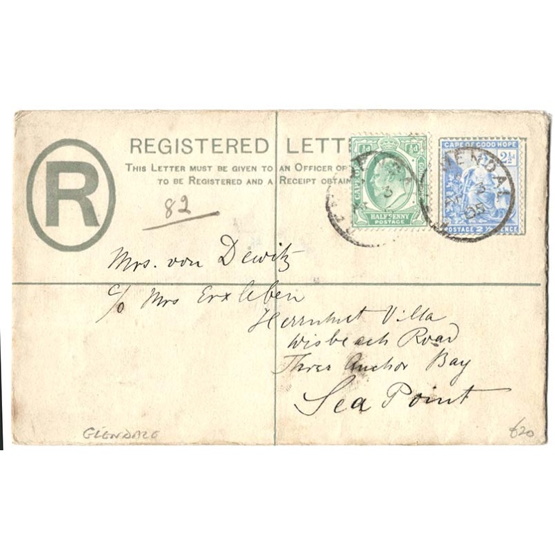 Cape of Good Hope 1911 KE7 4d reg envelope to Sea Point uprated ½d, 2½d, GLEND