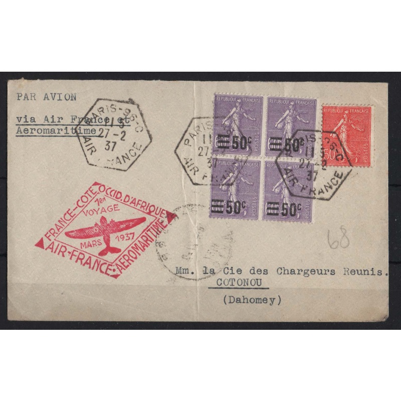 France 1937 FFC First Flight cover Paris-Cotonou, Dahomey, crisp red cachet, f