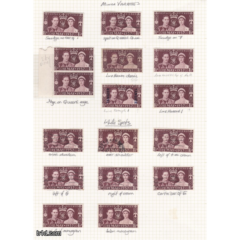 2 pages/31 stamps mixed lot of 1937 George VI coronation varieties/white spots